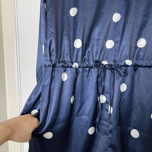 NEW! English Factory Dot Printed Satin Long Sleeve Romper Navy Medium - Picture 5 of 11